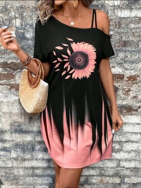 Black & Pink Sunflower Ombre Off-Shoulder Dress Size Medium 8/10